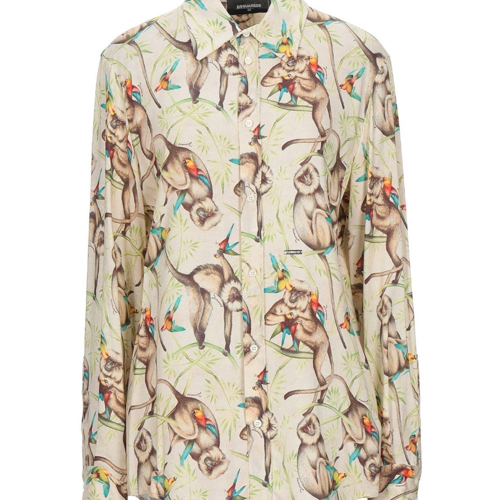 Unisex DSquared2 monkey parrot Hawaiian cruise beach resort button down shirt LS